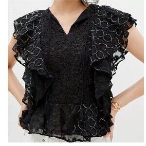 Anthropologie Verb By Pallavi Singhee Black Ruffle Lace Fancy Girl Out Blouse M